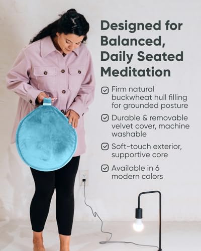 Mindful Modern Velvet Meditation Cushion | Luxe Zafu Yoga Floor Pillow Seat | Posture Support | Buckwheat Hull Filled | Large Round Cushion with Removable Washable Cover + Carry Handle - color: Tropical