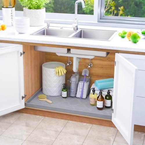 SIKADEER Waterproof Under Sink Mat 34" x 22", Silicone Mat Kitchen liner - color: Gray, size: 34"W x 22"L