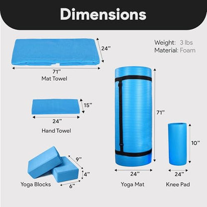 BalanceFrom 7-Piece Yoga Set with 71x24x0.5 Inches Extra Thick Mat and Carrying Sling – Includes 2 Blocks, Stretch Strap, 2 Towels, and Knee Pad for Home, Studio, and Gym Workouts - color: Blue