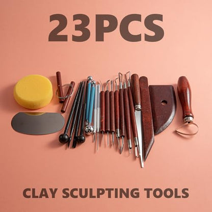 23PCS Clay Tools Sculpting, Ceramic & Pottery Modeling Tool, Ceramics Tools Set, Polymer Tools Kit, Air Dry Clay Tools for Carving, Molding, Pottery Wheel, Crafting Supplies, Pros, Beginners, Adults - color: Stained Wood-23PCS