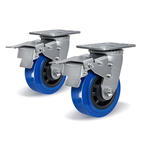 5'' X 2'' Casters, Heavy Duty Caster Wheels with Brake, Polyurethane on Polyolefin Core with Roller Bearing, Load 800lbs per Industrial Casters (2 Total Lock Brake) - style: 2 Total Lock Brake