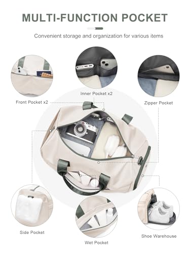 Gym Bag for Women with Shoe Compartment, Sport Travel Duffel Bag for Men - color: Beige Green