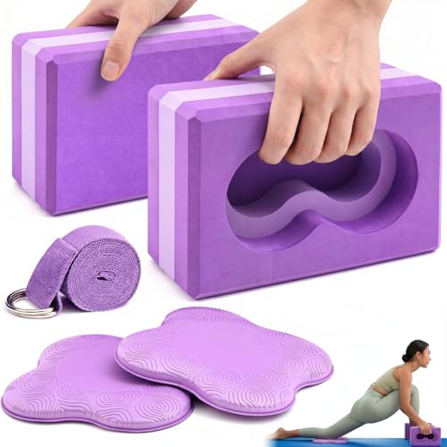 Yoga Blocks 2 Pack for Wrist Relief,Yoga Block with Knee Pads Strap | Wrist Support, Improve Comfort and Grip, Nonslip EVA Foam, Pilates Exercise Balance Stretching Accessories Meditation - color: Purple