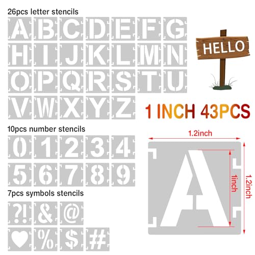 1 Inch Letter Stencils,43Pcs Reusable Letter Stencils for Painting | Alphabet Symbol Numbers Stencils Interlocking Kit for Painting on Wood, Wall, Fabric, Rocks, Chalkboard, Sign & DIY Art - size: 1 inch