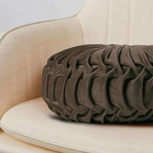 HIG Set of 2 Chocolate Velvet Decorative Round Pleated Throw Pillows - color: Chocolate