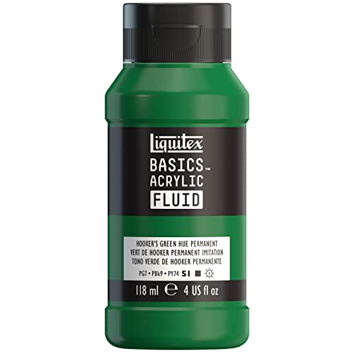 Liquitex BASICS Acrylic Fluid Paint, 4-oz Bottle, Hookers Green Perm Hue | Super Versatile, Fine Art Pigments; Fluid Consistency, Vibrant satin colors, Permanent, Lightfast, Water-Resistant Finish - color: Hookers Green Permanent Hue, style: 118ml (4-oz)
