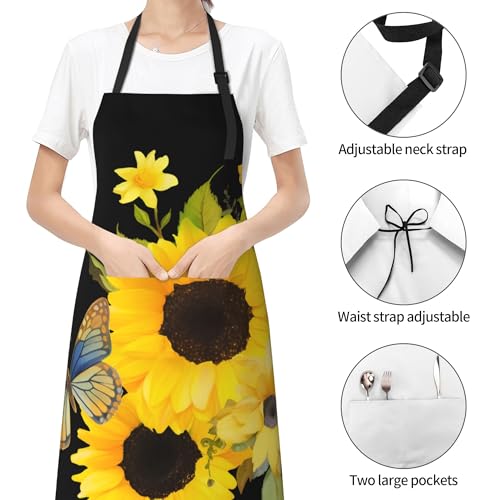 Artist Painting Apron with 2 Pockets Painters Art Aprons Gifts for Women Men - color: Sunflowers and Butterfly