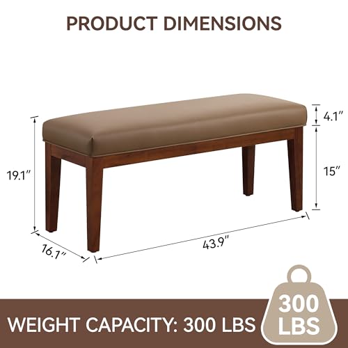 WUTUTUEE 43.5'' Faux Leather Bedroom Bench, Upholstered End of Bed Bench, Padded Vintage Dining Bench, Entryway Bench with Solid Wood Legs, Kitchen, Living Room, Hallway, Brown - color: Brown-pu