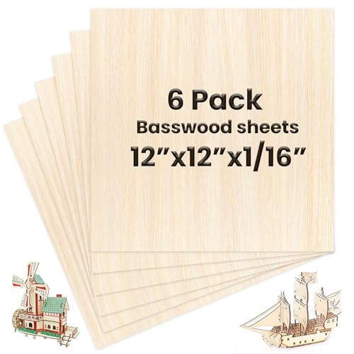 6 Pack Basswood Sheets 12 x 12 x 1/16 Inch Thin Wood Sheets for Crafts | Unfinished Plywood Balsa Wood Sheets Squares Boards for Crafts Architectural Models Laser Cutting Woods Burning and Drawing - size: 12 x 12 x 1/16 inch