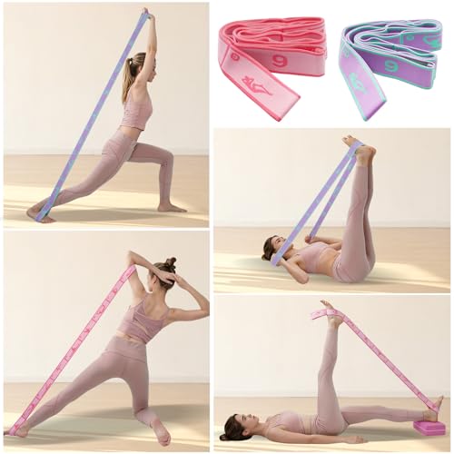 2 Pack 9-Loop Stretch Strap with Pose Guide Pattern, Elastic Yoga Band for Dance, Pilates, Gymnastics, Flexibility Exercise, Kids Workout Training, Youth Ballet Belt - color: Purple+Pink