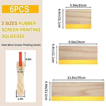 Barydat 6 Pcs Rubber Screen Printing Squeegee Wooden Ink Scraper 75 Durometer Silk Stencil Screen Printing Squeegee for Printmaking Water Fabric Supplies(5.9 Inch 9.5 Inch 13.8 Inch)