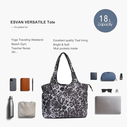ESVAN Yoga Tote Bag Mat bag Women Shoulder Bags Carryall Tote for Travel Office Workout Gym Nurse Beach - color: Canvas Black Leopard Print