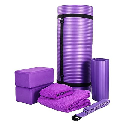 BalanceFrom 7-Piece Yoga Set with 71x24x1 Inches Extra Thick Mat and Carrying Sling – Includes 2 Blocks, Stretch Strap, 2 Towels, and Knee Pad for Home, Studio, and Gym Workouts - color: Purple
