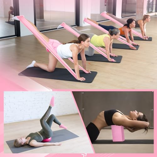Halloscume 24 Pcs Pilates Kit, Home Pilate Equipment for Women, Pilates Ring and Ball Set with Stretching Strap, Water Bottle, Magic Circle, Yoga Ring, Gym Bag, Resistance Band, Anti Slip Sock - color: Pink