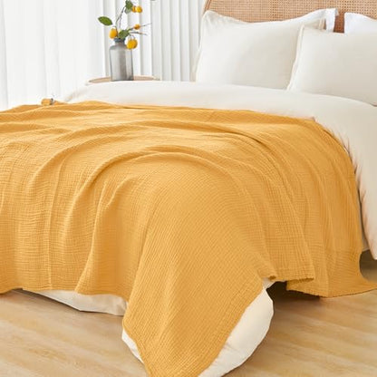 EMME Cotton Muslin Large Throw Blanket Couch Breathable Gauze Soft Lightweight Bed Blankets Adults (Heather Yellow, 50"x70") - color: 12 - Yellow, size: Large Throw (50" X 70")