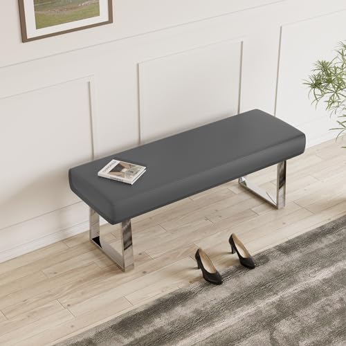JIEXI 45.3" PU Leather Corner Bench Footstool with Heavy Duty Metal Legs | Thick Padded Cushion, Chrome Plated Sturdy Metal Frame, for Living Room Dining Room Entryway Window Sill - color: Grey, size: 45 IN