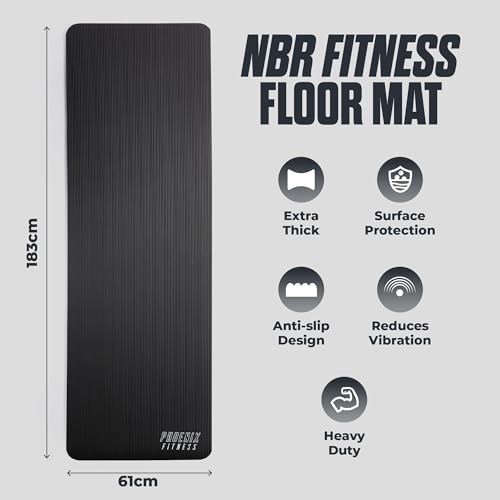 Phoenix Fitness NBR Yoga Mat - 15mm Extra Thick Exercise Mat with Carry Strap - Non Slip Yoga Mat for HIIT, Exercise & Pilates for Men and Women - Black or Pink - color: Black