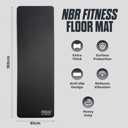 Phoenix Fitness NBR Yoga Mat - 15mm Extra Thick Exercise Mat with Carry Strap - Non Slip Yoga Mat for HIIT, Exercise & Pilates for Men and Women - Black or Pink - color: Black