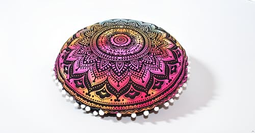CRAFT KALA Boho Large Floor Pillow Pouf Cover Mandala Meditation Room Pillow Cover for Adults Round Bohemian Seating Pouf Cushion Cover for Kids Playroom 22" Multi Ombre - color: Black Multi, size: 22" x 22" (Pack of 1)