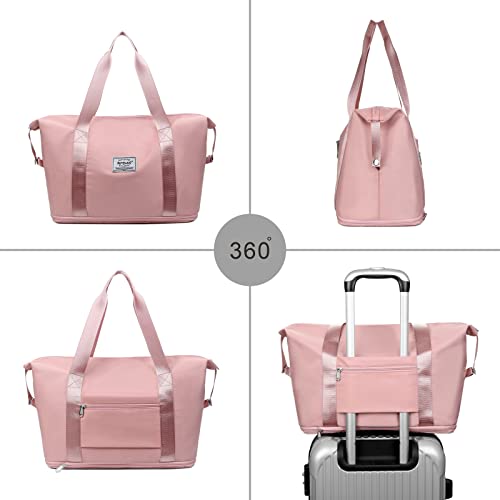 NPBAG Women Travel Duffel, Multi Functional Large Expandable Weekender Carry-on Tote, Gym Workout Overnight Bag, Mommy Hospital Bag for Labor and Delivery - color: Basic-Pink, style: Basic Version