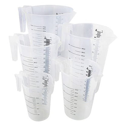 ABN 5 Piece Set of Graduated Paint Mixing Pitchers Quart and Gallon Sized Mixing Cups - 5000 ml, 3000 ml, 2000 ml, 1000 ml, 500 ml Plastic Mixing Cups for Paint, Resin, Epoxy and Home Kitchen and