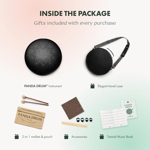 Panda Drum Plus (Black) | Steel Tongue Drum for Inside & Outside | 11 Inch | with Music Book, Mallets, Carrying Bag & Finger Picks | 432 Hz Rain Drum | Calming Musical Instrument for Adults - color: 3-Black