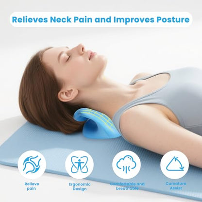 Neck Stretcher Cervical Traction Device, Neck Hump Corrector for TMJ Pain and Shoulder Pain Relief, Neck and Shoulder Relaxer, Ergonomic Pain Pillow for Spine (Blue)