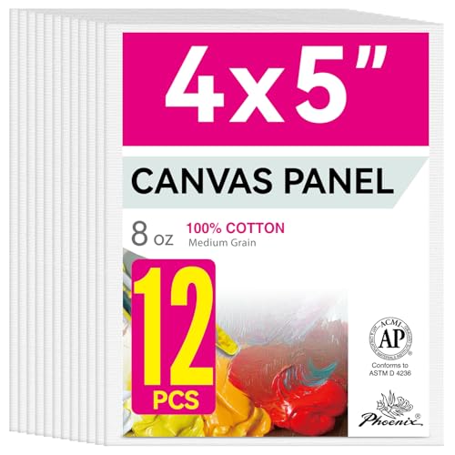 PHOENIX Small Painting Canvas Panels 4x5 Inch, 12 Value Pack - 8 Oz Triple Primed 100% Cotton Acid Free Canvas Boards for Painting, White Blank Flat Canvas Boards for Acrylic, Oil Paints - color: White, size: 4" x 5"
