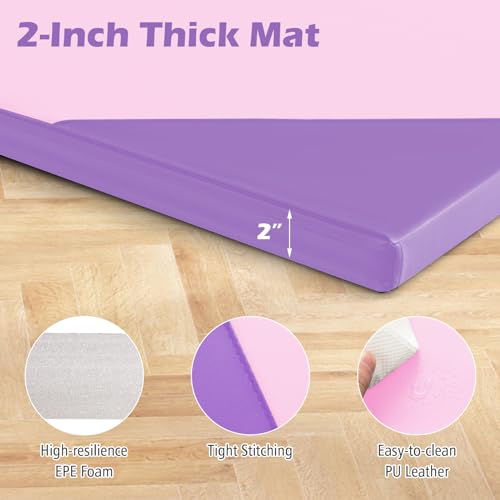 Giantex 4'x10'x 2" Gymnastics Mat, 4-Panel Folding Aerobics Exercise Mat w/Hook & Loop Fastener, Carrying Handle, Portable Tumbling Mat for Stretching Yoga Cheerleading Martial Arts - color: Purple/Baby Pink