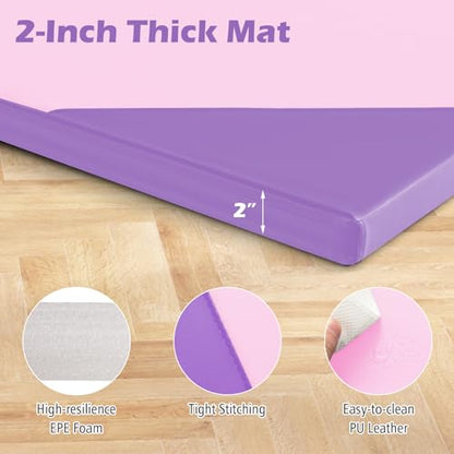 Giantex 4'x10'x 2" Gymnastics Mat, 4-Panel Folding Aerobics Exercise Mat w/Hook & Loop Fastener, Carrying Handle, Portable Tumbling Mat for Stretching Yoga Cheerleading Martial Arts - color: Purple/Baby Pink