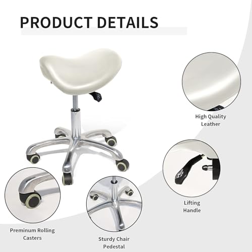 Ergonomic Saddle Chair,Heavy-Duty Rolling Stool with Wheels | 500lbs|Adjustable Height |360° swivel Silent PU casters|For Massage,Salon, barber ,tattoo,Spa ,Drafting,Clinic, Lab, Office - color: White