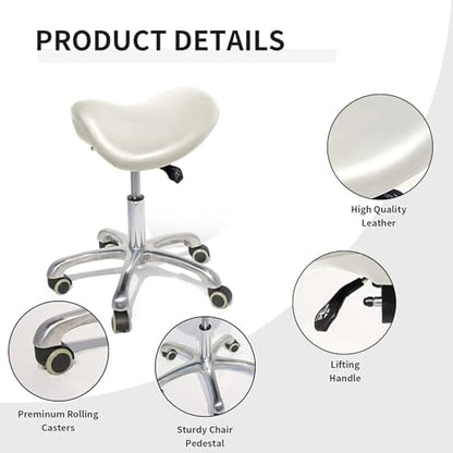Ergonomic Saddle Chair,Heavy-Duty Rolling Stool with Wheels | 500lbs|Adjustable Height |360° swivel Silent PU casters|For Massage,Salon, barber ,tattoo,Spa ,Drafting,Clinic, Lab, Office - color: White