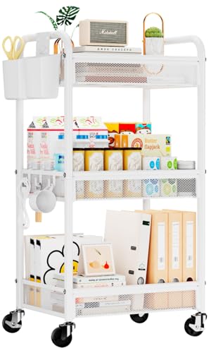 YASONIC 3 Tier Metal Rolling Cart, White Utility Storage Cart with Wheels - color: White, size: 3-tier