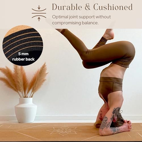 Premium Cork Yoga Mat Large 72"x26" – 5mm Thick Natural Rubber Cushioning - Non Slip Grip for Hot Yoga - Non-toxic & Odor-free - Stylish Alignment Lines & Elegant Boho Yoga Bag