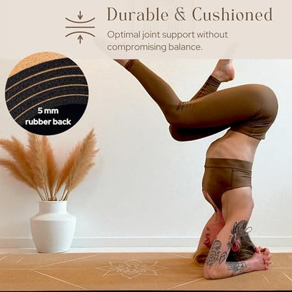 Premium Cork Yoga Mat Large 72"x26" – 5mm Thick Natural Rubber Cushioning - Non Slip Grip for Hot Yoga - Non-toxic & Odor-free - Stylish Alignment Lines & Elegant Boho Yoga Bag