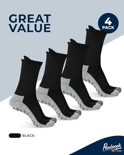 Pembrook Non Slip Crew Grip Socks Men & Women - 4 Pairs | Non Slip Socks for Elderly, Hospital, Pilates, Yoga, Barre, Home - color: Black - 4 Pairs, size: X-Large