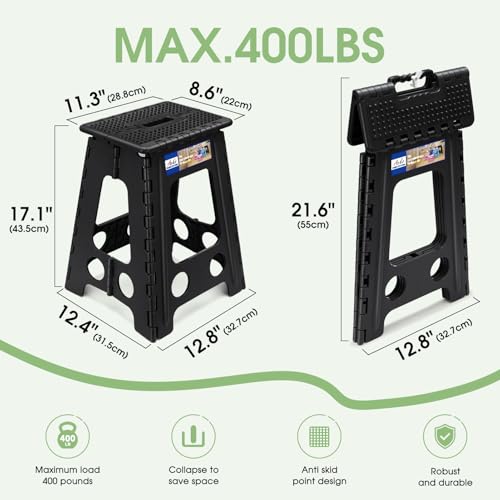 ACKO 17.5" Folding Step Stool, 400 lb Capacity with Safety Lock, Dot Black | Portable Foldable Stools with Handle, Heavy Duty Collapsible Non-Slip Foot Stool for Adults & Kids, Kitchen Bathroom Outdoor - color: Dot Black, size: 17.5 Inch