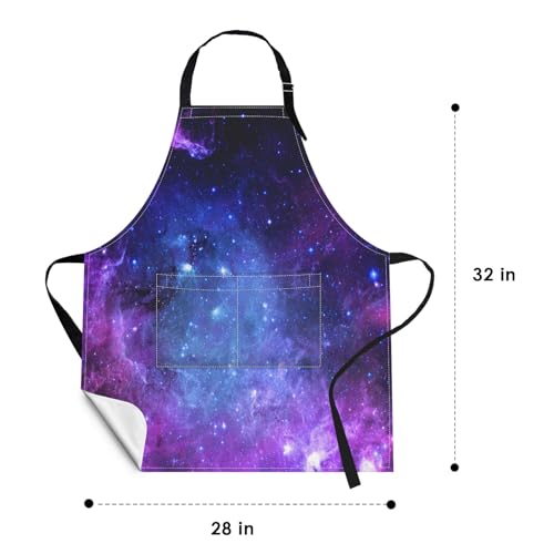Apron with Pockets, 32x28 inch, for Women Men, Purple Starry Sky | Space Planet Universe Waterproof Adjustable Bib Aprons for Kitchen Cooking Baking Painting Gardening - color: Galaxy