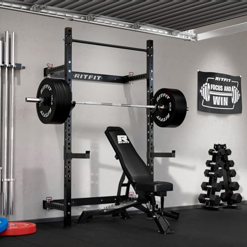 RitFit 2.36'' x 2.36'' Folding Squat Rack for Home Gym, Wall Mounted Squat Rack with Attachments - Space Saving Squat Power Rack - color: Black, style: Folding Squat Rack with Safebar