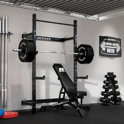 RitFit 2.36'' x 2.36'' Folding Squat Rack for Home Gym, Wall Mounted Squat Rack with Attachments - Space Saving Squat Power Rack - color: Black, style: Folding Squat Rack with Bench