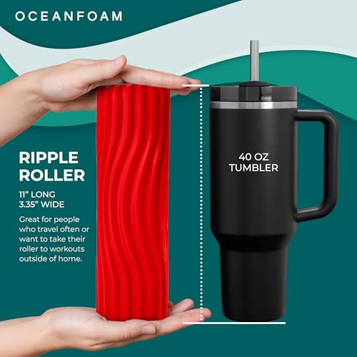 Oceanfoam Ripple Travel Foam Roller (11" x 3.35") Firm Mini Foam Roller for Physical Therapy, Deep Tissue Massage, Back Pain - High Density, Ergonomic Wave Textured - Yoga, Pilates, Exercise (Red) - color: Red