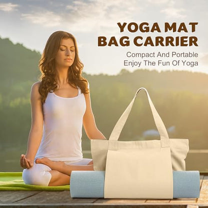 Yoga Mat Carrier, Gym Bag With Yoga Mat Holder, Women Canvas Tote With Shoulder Strap For Pilates, Travel, Office, Sports, Workout And Beach – Inner Zippered Pocket, Fits Standard And Small Mats - color: Beige