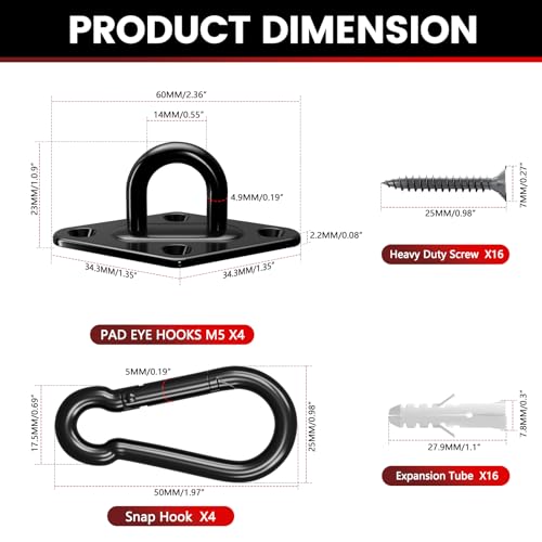 sprookber 304 Stainless Steel Pad Eye Snap Hook, M5 Ceiling Hook 500Lb,8Pcs | Hanging Kit with Screws for Hammock Chair Swing, Yoga Gym Equipment, Sun Shade Sail, Plant Hangers & Marine Boat Hardware - size: 2 Inch, style: Black Rhombus
