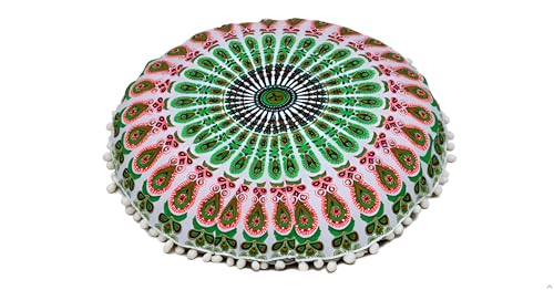 CRAFT KALA 22" Mandala Meditation Floor Pillows Cover Pouf Cover Round Seating Bohemian Mandala Cotton Floor Cushion Cover Outdoor Fireplace Seating Living Room Yoga Room Home Décor Green Red Floral - color: Green Red Floral