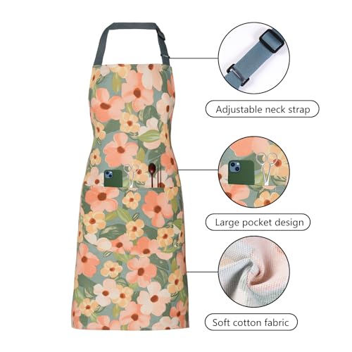 2 Pack Floral Apron for Women with Pockets, Adjustable Cotton Chef Aprons for Kitchen, Cooking, BBQ & Grill - color: Golden/Begonia