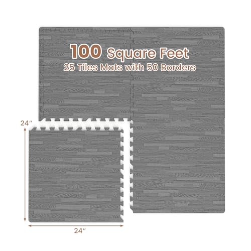 Tangkula 25 Tiles Foam Flooring Mats with Border, 100 SQ FT EVA Interlocking Exercise Foam Mats for Exercise Equipment, Elastic Puzzle Play Mats, 3/8” Non-Slip Workout Floor Mats for Home Gym (Gray) - size: 100 sq.ft, Gray