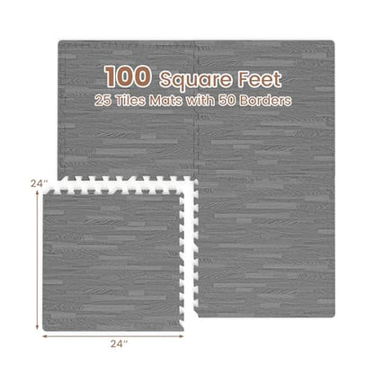 Tangkula 25 Tiles Foam Flooring Mats with Border, 100 SQ FT EVA Interlocking Exercise Foam Mats for Exercise Equipment, Elastic Puzzle Play Mats, 3/8” Non-Slip Workout Floor Mats for Home Gym (Gray) - size: 100 sq.ft, Gray