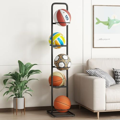 Vertical Ball Rack -basketball rack- Durable Carbon Steel Storage for Basketball, Soccer, Volleyball, and More - Easy to Assemble, Waterproof, Sturdy - 56.7" H - size: 5-Balls without Basket
