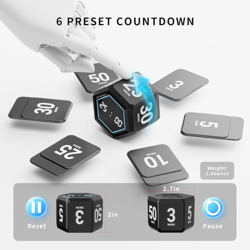 Cube Productivity Timer, 3/5/10/25/30/50 Minute Presets for ADHD - color: Matte Black