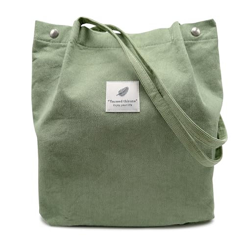 Aphoraeny Corduroy Tote Bag for Women Cute Totes Shoulder Bag with Inner Pocket for Work Beach Shopping Travel Grocery - color: Pea Green